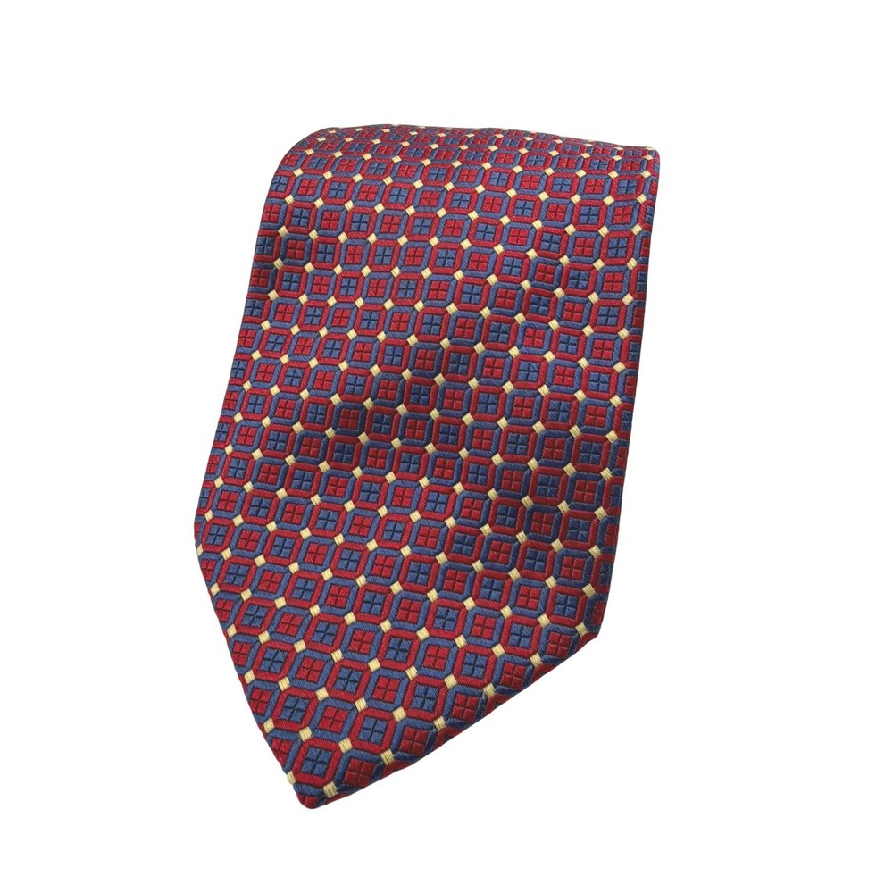 Brooks Brothers Necktie Men 60" Red Navy Gold Silk Geometric Medallion USA Made